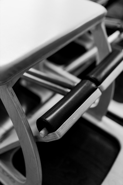 Black and white detail of Pilates equipment